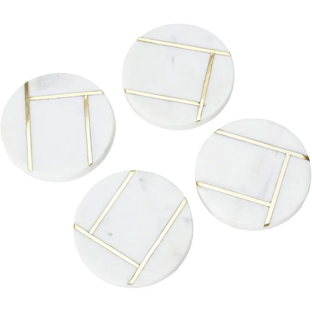Creative Co-Op Round Marble Coasters with Brass Inlay, White, Set of 4/NWT